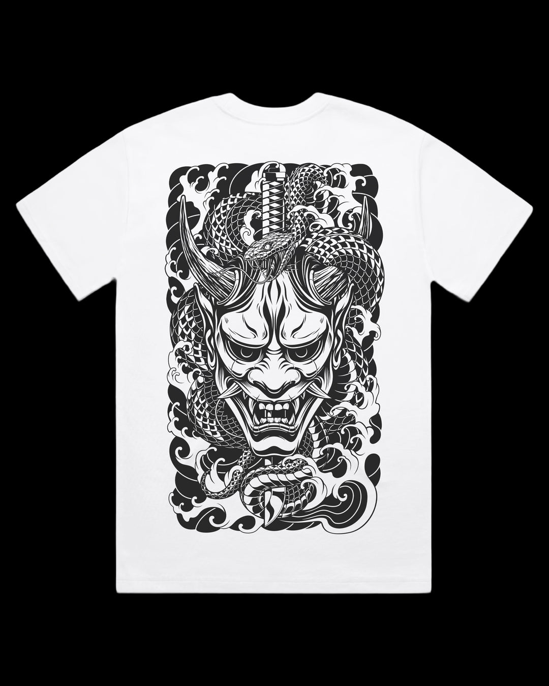 Oversized t-shirt with Oni mask, snake and katana Japanese tattoo back print