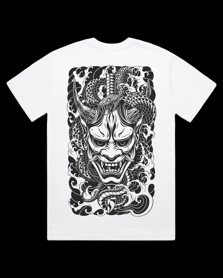 Oversized t-shirt with Oni mask, snake and katana Japanese tattoo back print