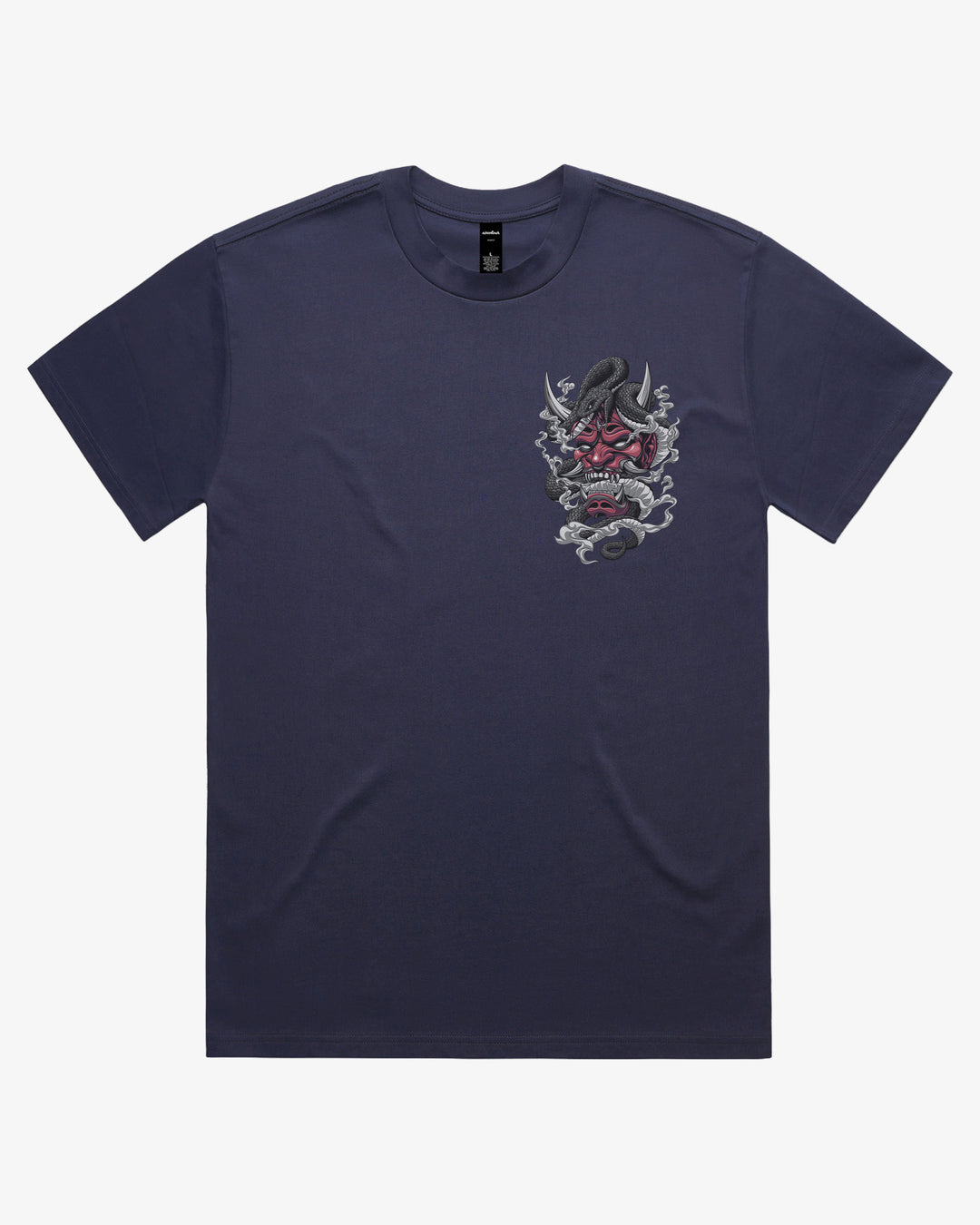Midnight Blue 280GSM Oversized Japanese Graphic Tee With Oni Mask And Coiled Snake Left Chest Print