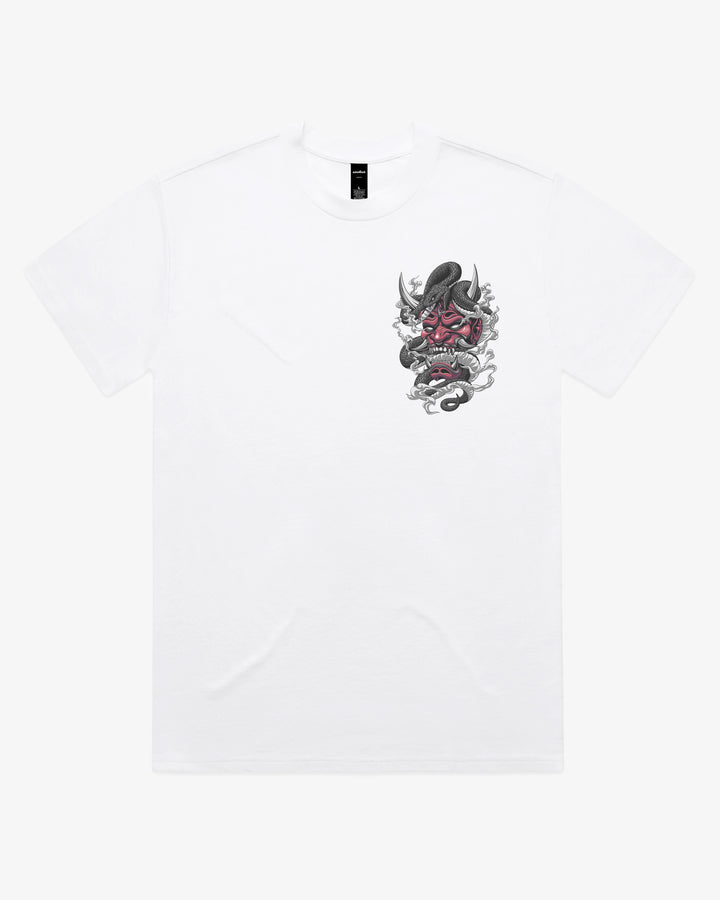 White 280GSM Oversized Japanese Graphic Tee With Oni Mask And Coiled Snake Left Chest Print
