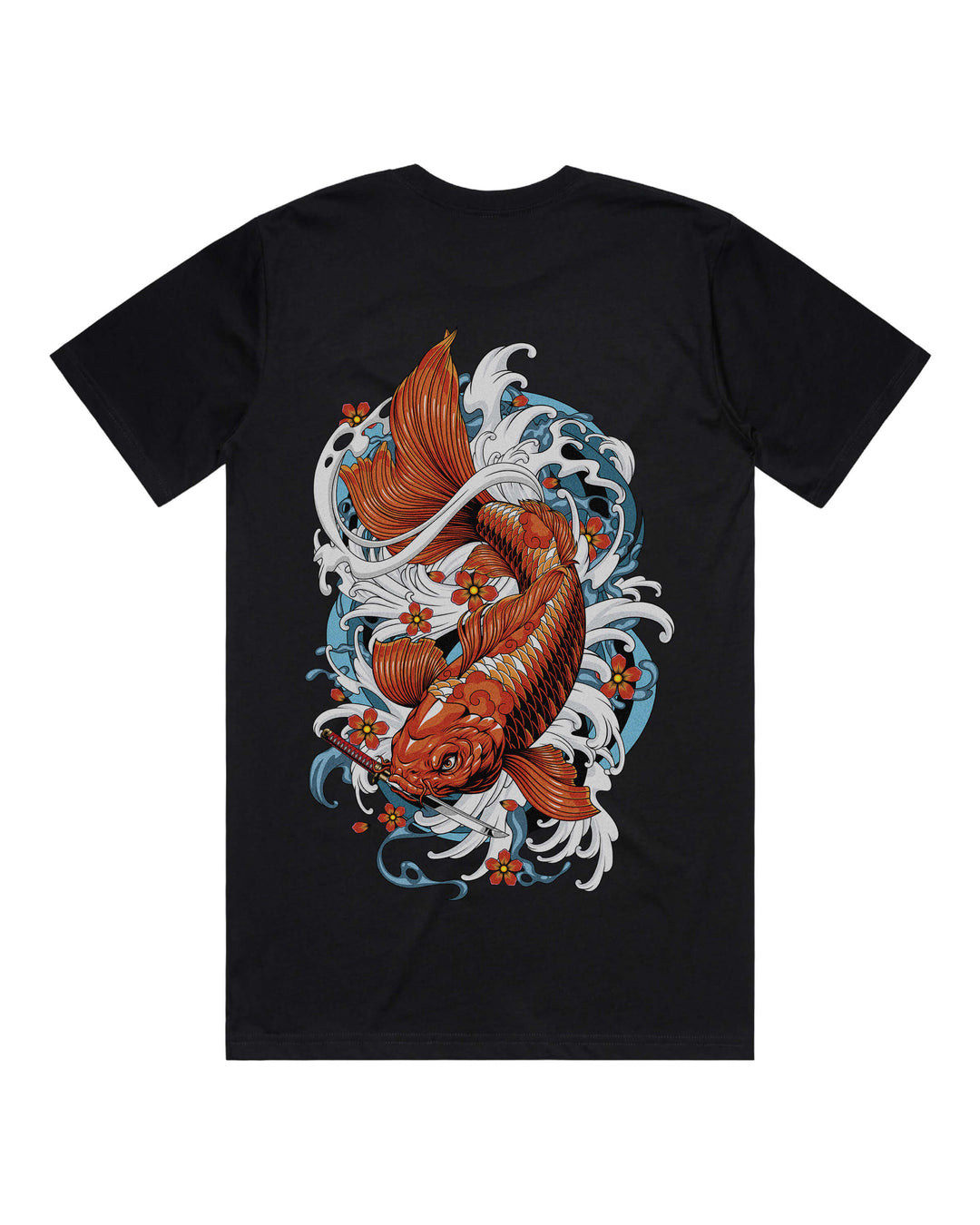 Black graphic t-shirt with large orange koi fish back print