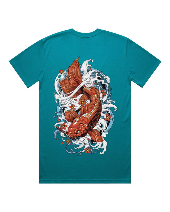 A teal short-sleeve t-shirt with a large graphic print of a koi fish swimming through white waves and orange flowers on the back