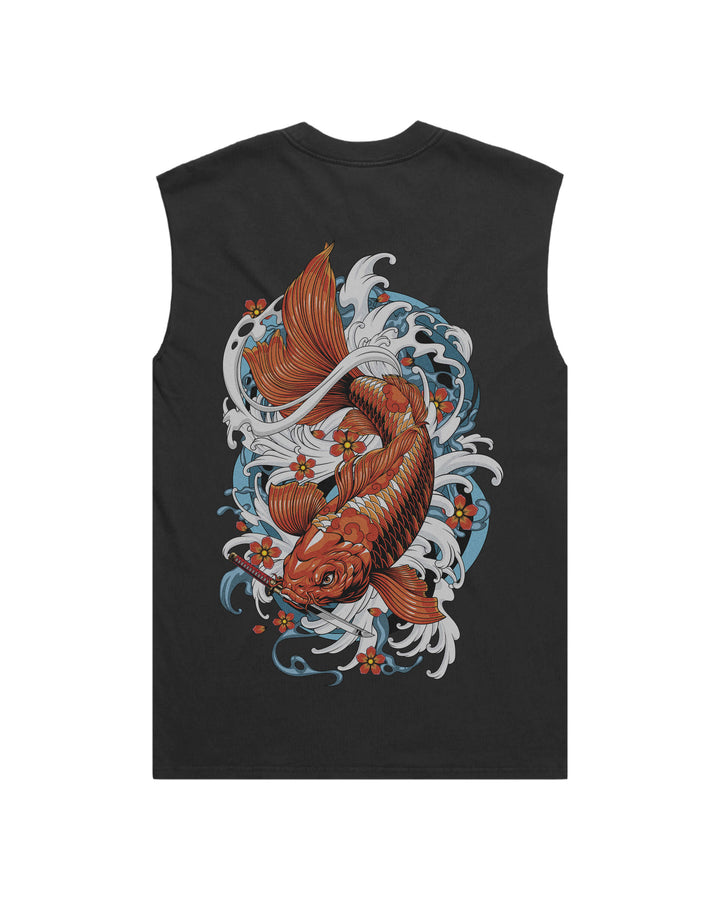Orange Koi Fish Faded Black men’s graphic tank top features original in-house artwork inspired by Irezumi. The design combines orange koi fish, katana and waves, drawing from Japanese tattoo art, folklore and traditional illustration.