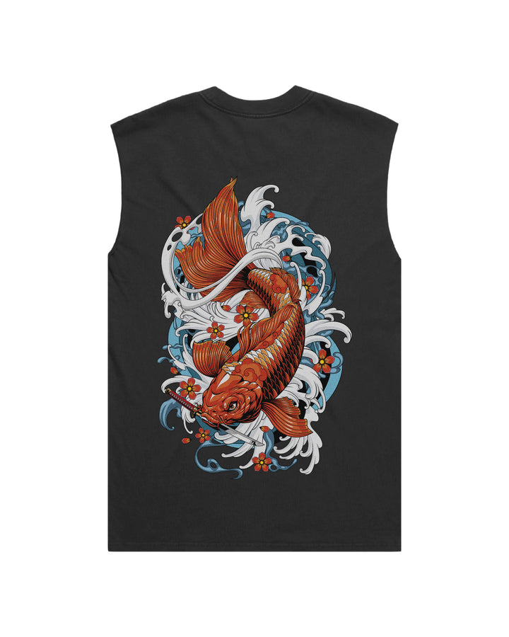 Faded black tank top with diving orange koi fish print