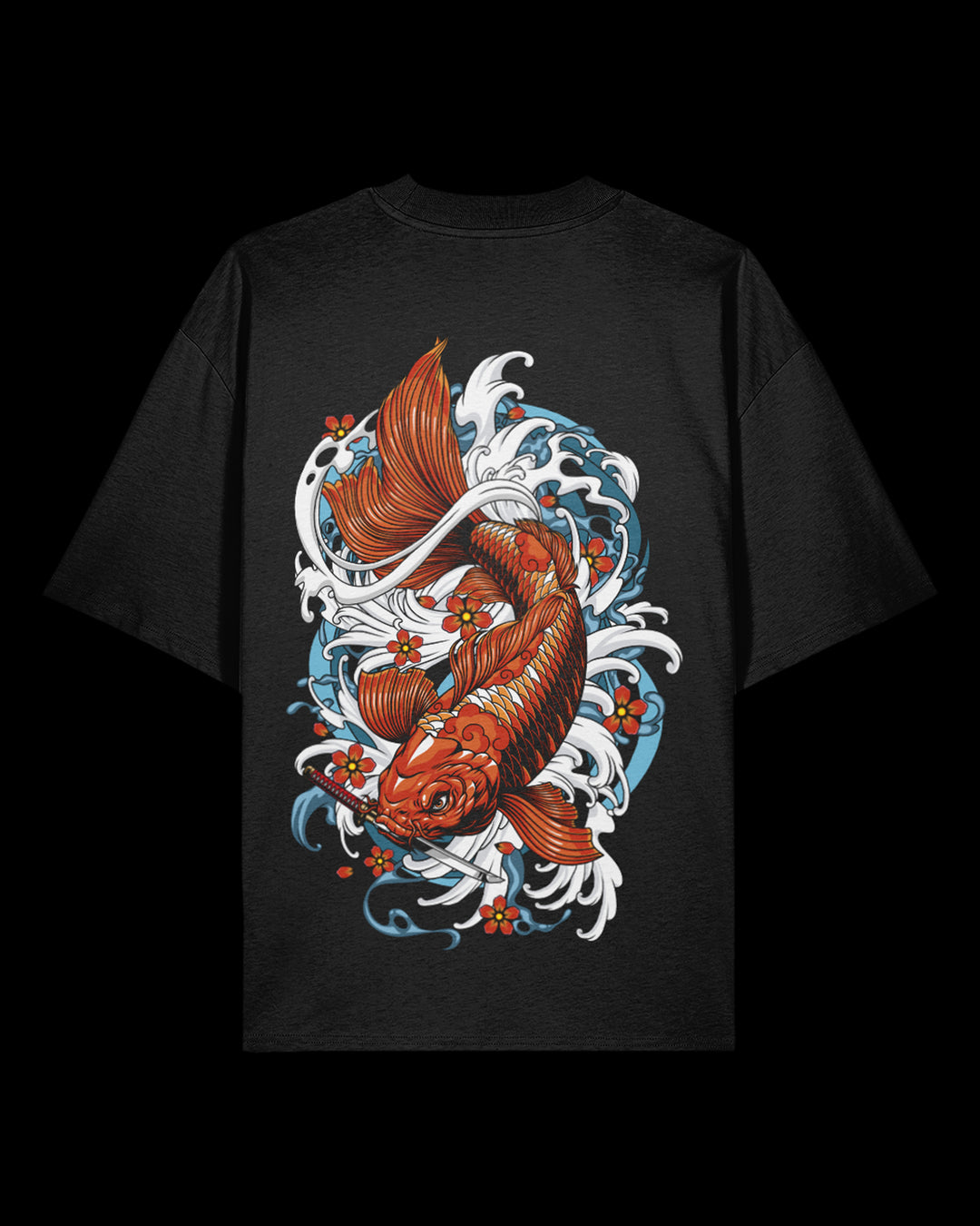 Black oversized t-shirt with a colorful Koi fish design on a black background