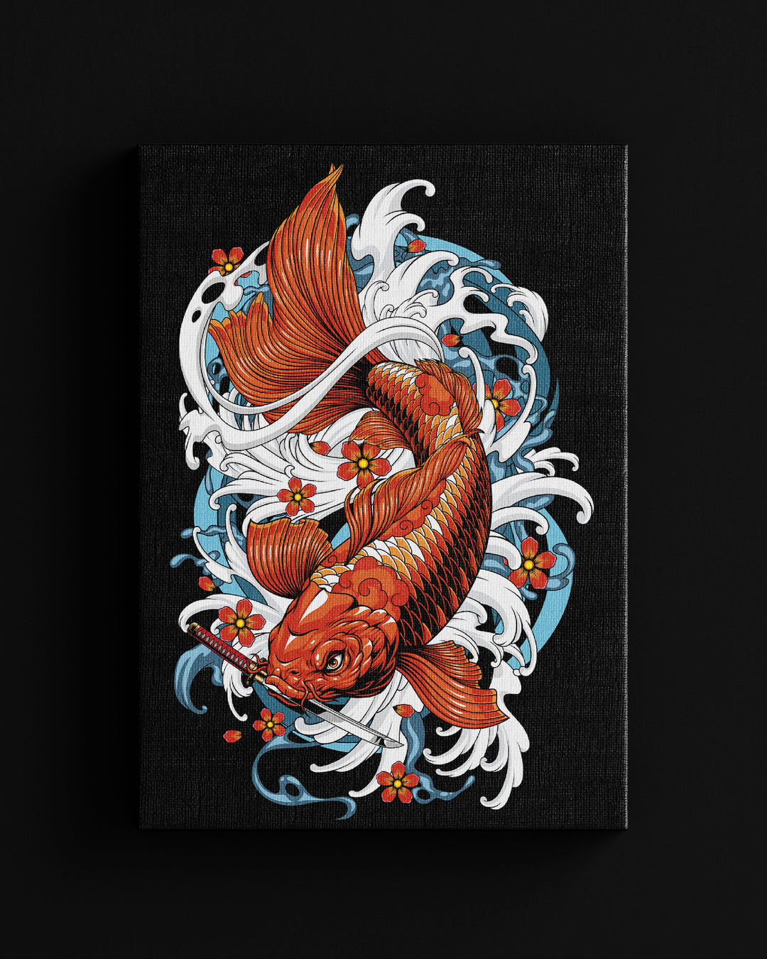 Colorful Koi fish canvas with waves and flowers on a black background