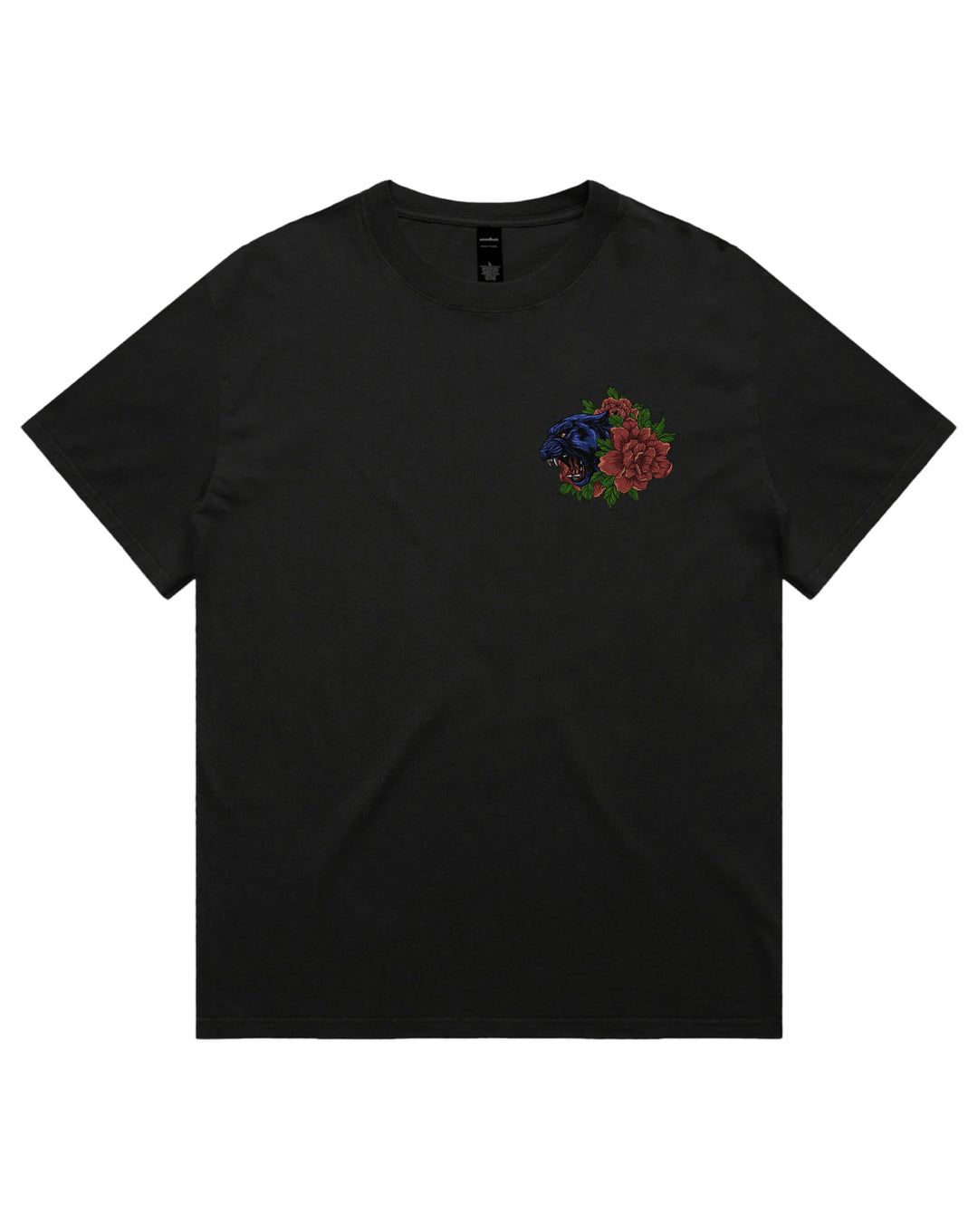 Oversized black t-shirt with panther head left chest graphic print