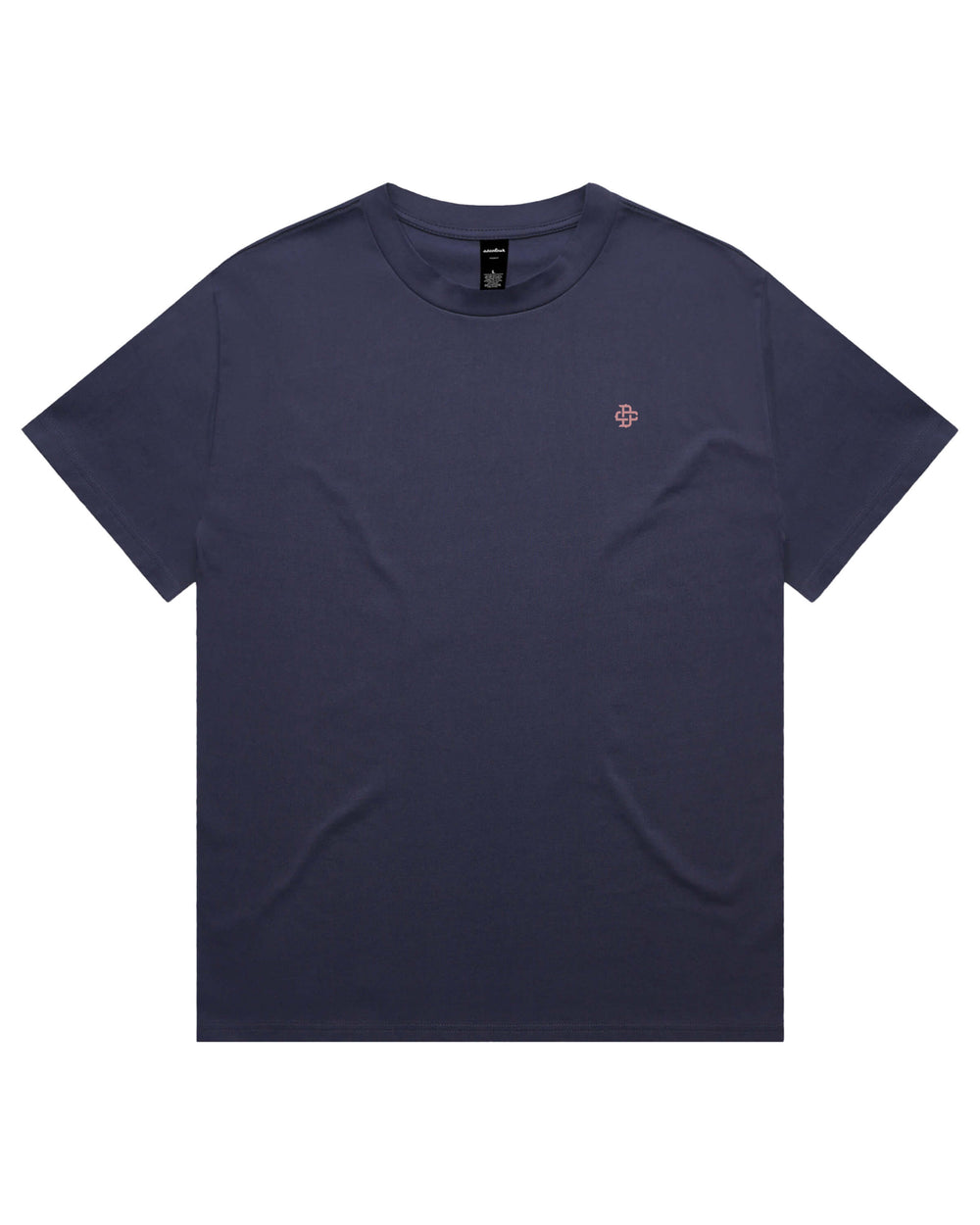 Midnight blue t-shirt with a small dusty rose logo on the left chest