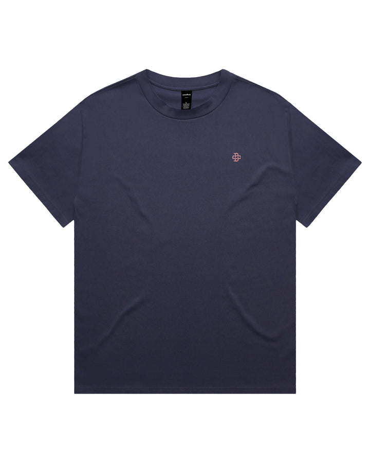 Midnight blue t-shirt with a small dusty rose logo on the left chest