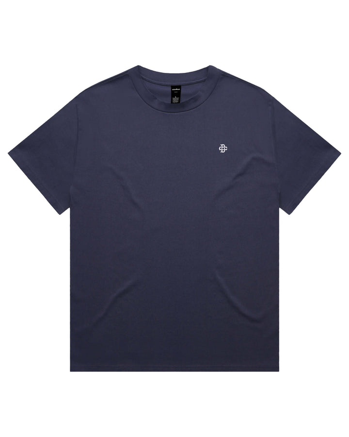 Oversized midnight blue t shirt with white logo on left chest