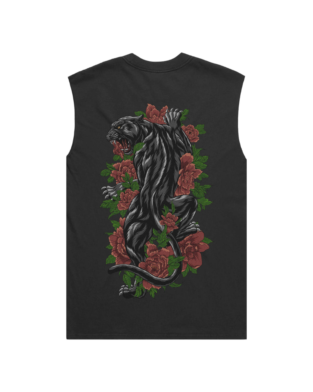 Climbing Panther Faded Black men’s graphic tank top features original in-house artwork inspired by traditional tattoo. The design combines panther and roses, drawing from folklore and traditional illustration.