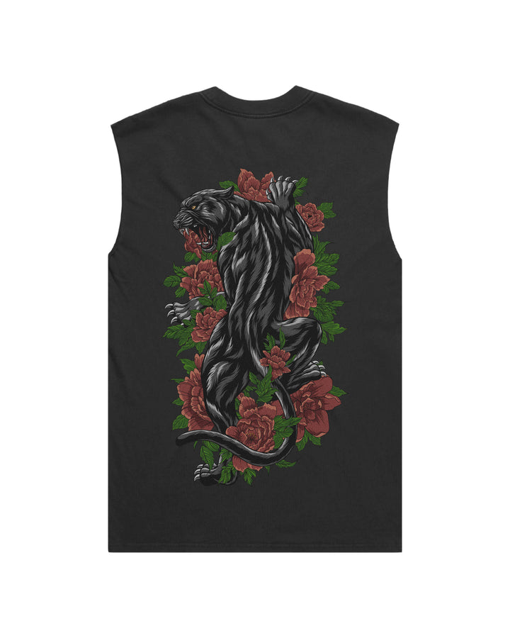 Climbing Panther Faded Black men’s graphic tank top features original in-house artwork inspired by traditional tattoo. The design combines panther and roses, drawing from folklore and traditional illustration.