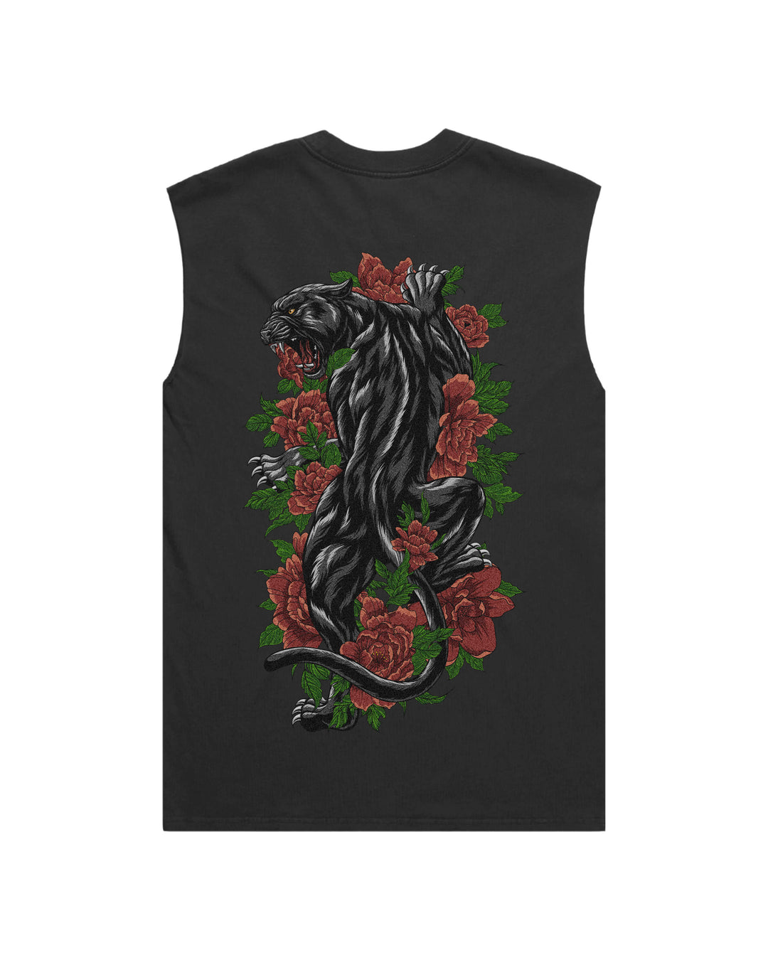 Faded black tank top with traditional tattoo inspired climbing panther print