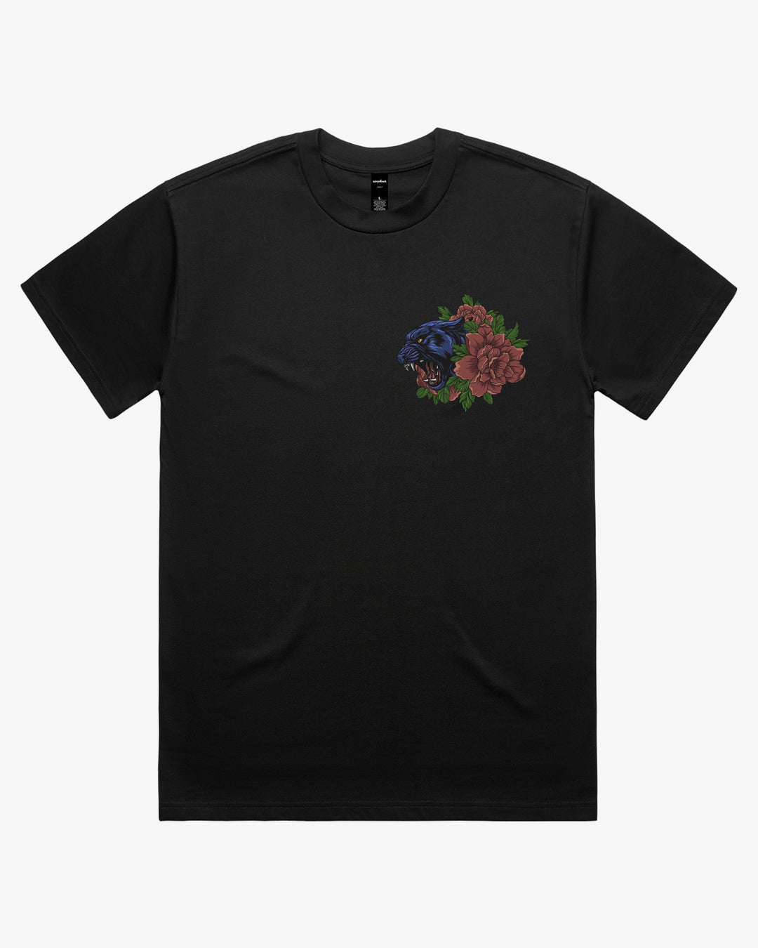 Black oversized 280GSM tattoo inspired shirt with left chest panther and floral artwork