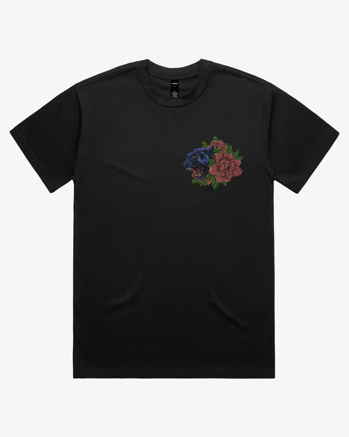 Black oversized 280GSM tattoo inspired shirt with left chest panther and floral artwork