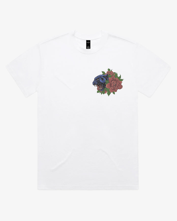 White oversized 280GSM tattoo inspired shirt with left chest panther and floral artwork