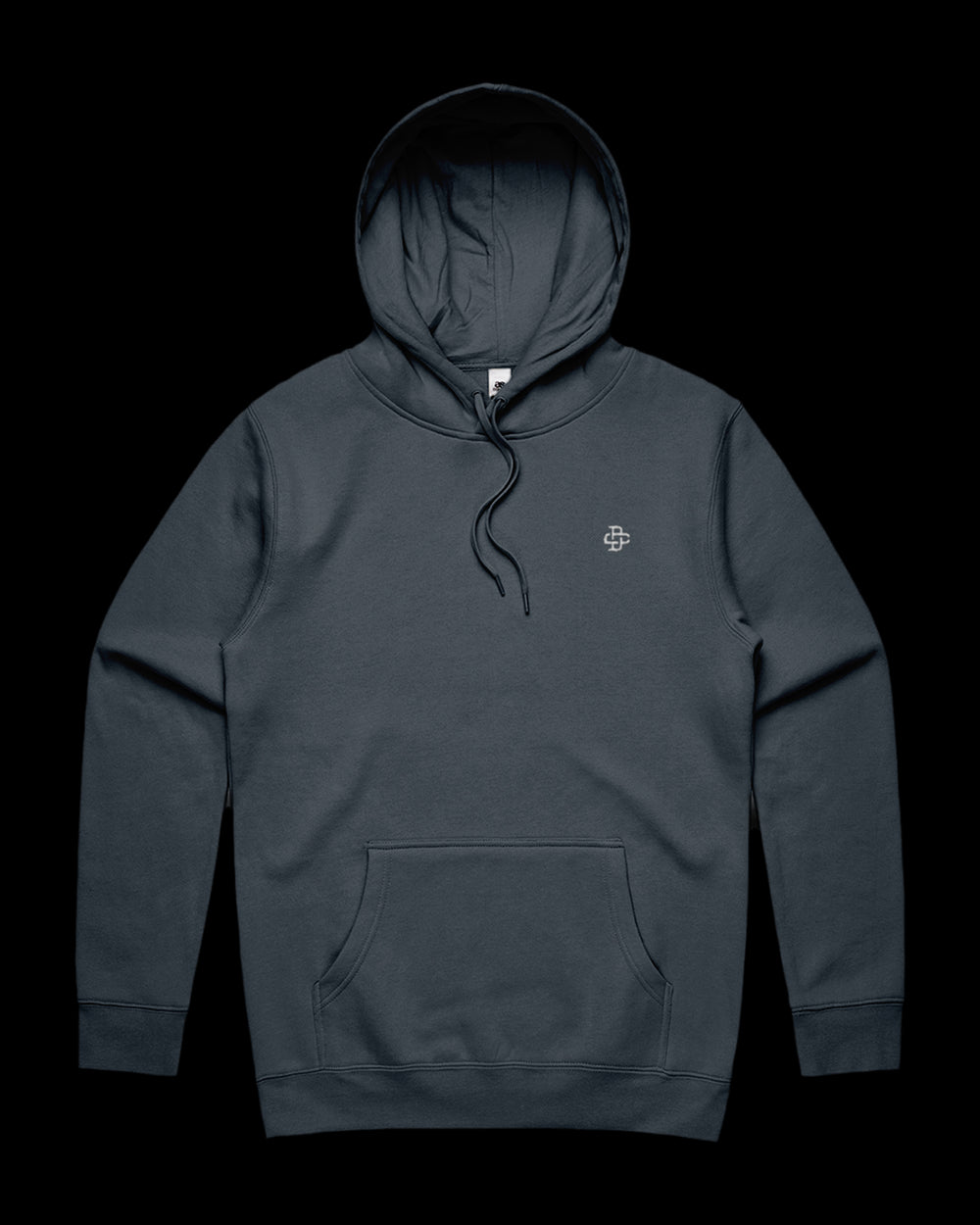 front view of 350gsm hoodie with dsign crtel monogram logo embroidered on left chest
