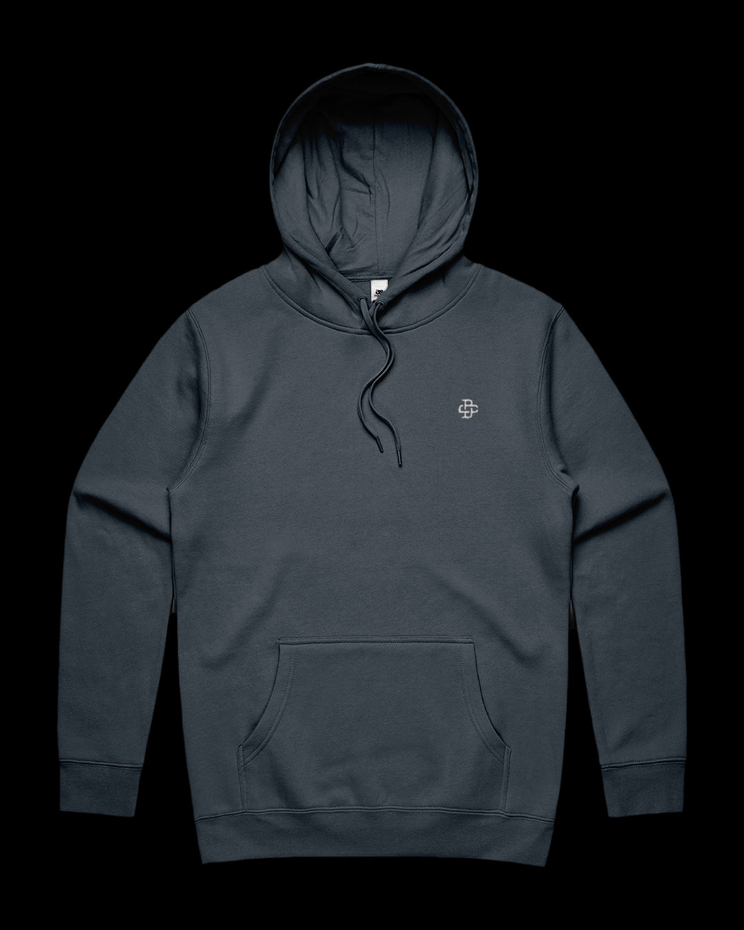 front view of 350gsm hoodie with dsign crtel monogram logo embroidered on left chest