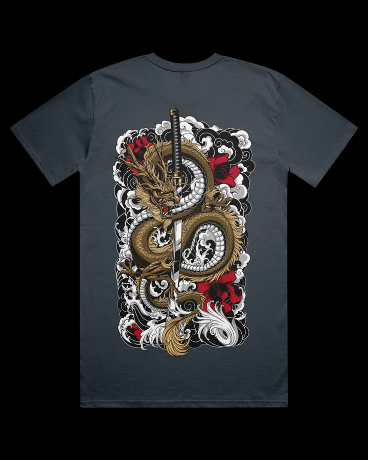 petrol blue t-shirt with a dragon and sword design on the back.