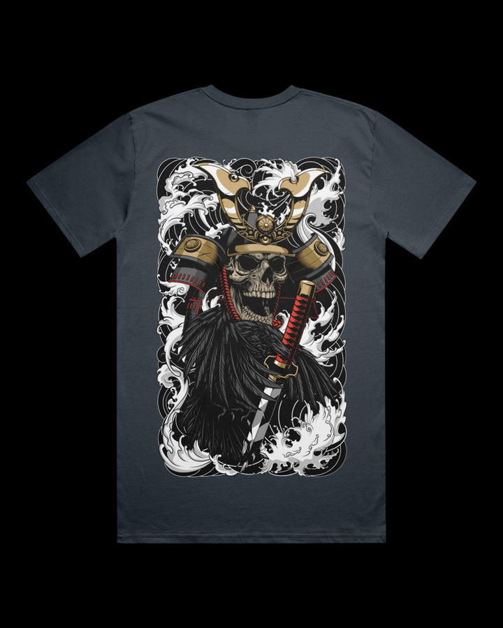 petrol blue t-shirt with a graphic design of a skull in a samurai helmet irezumi inspired.