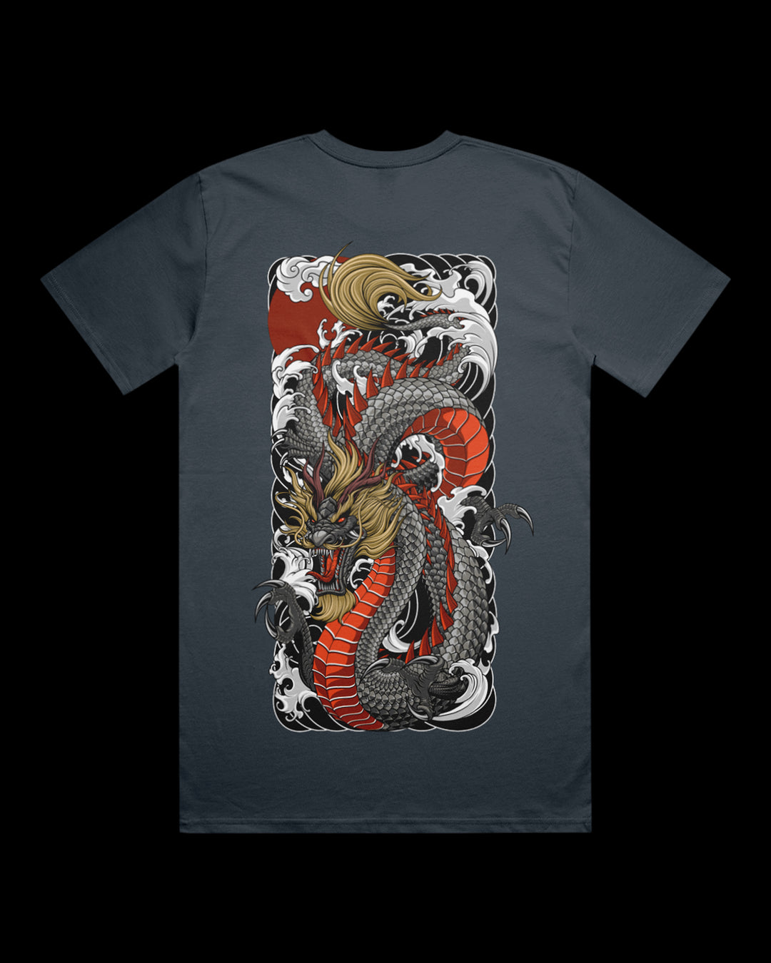 Petrol blue t-shirt with a dragon design on the back.