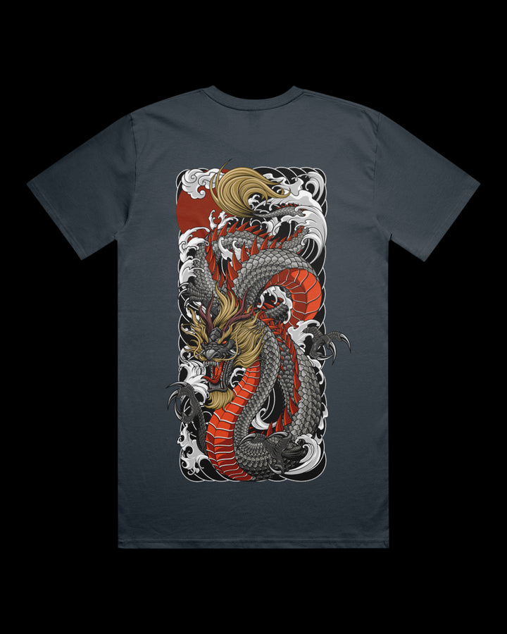 Petrol blue t-shirt with a dragon design on the back.
