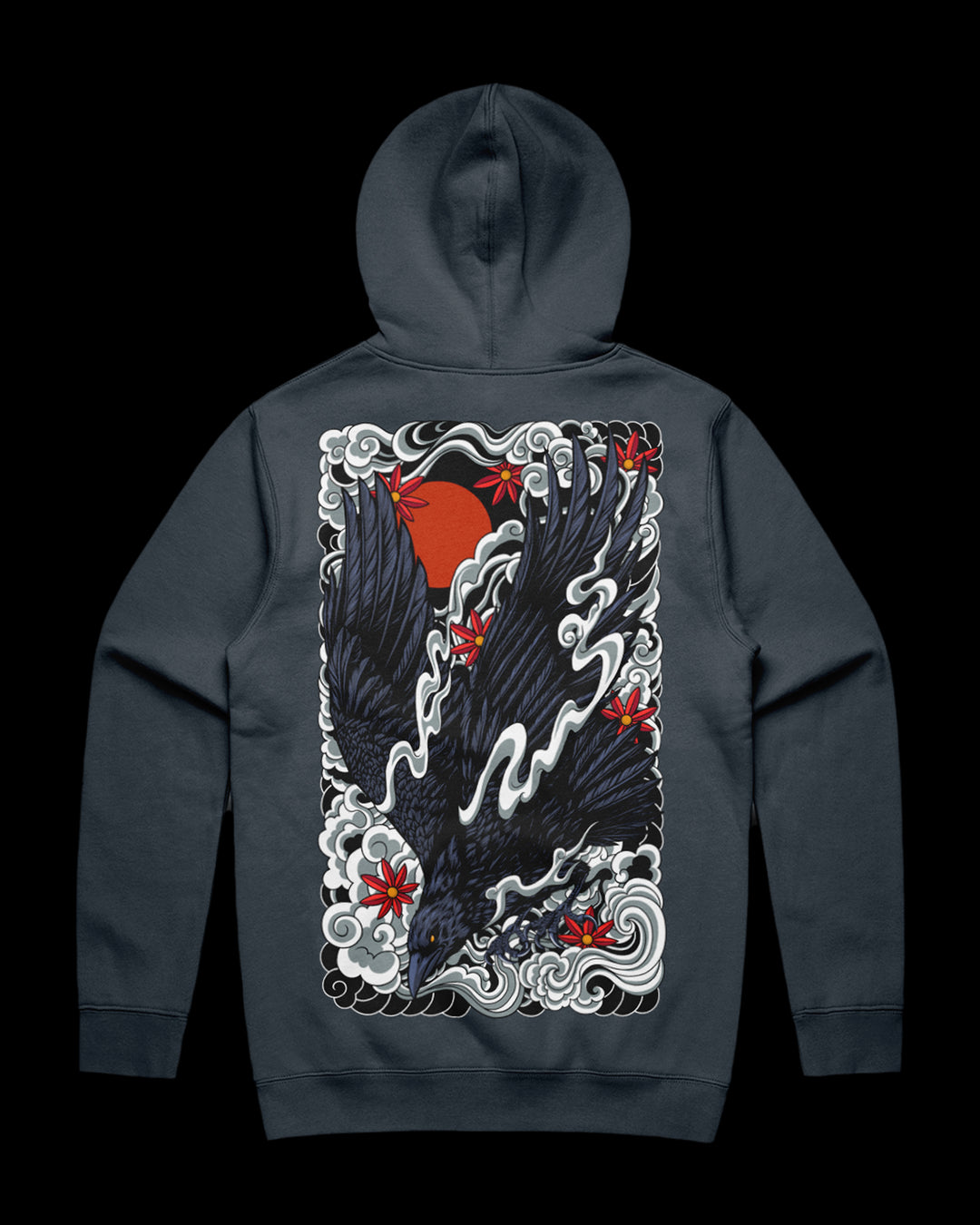 Petrol Blue hoodie with a detailed irezumi raven graphic design print on the back.
