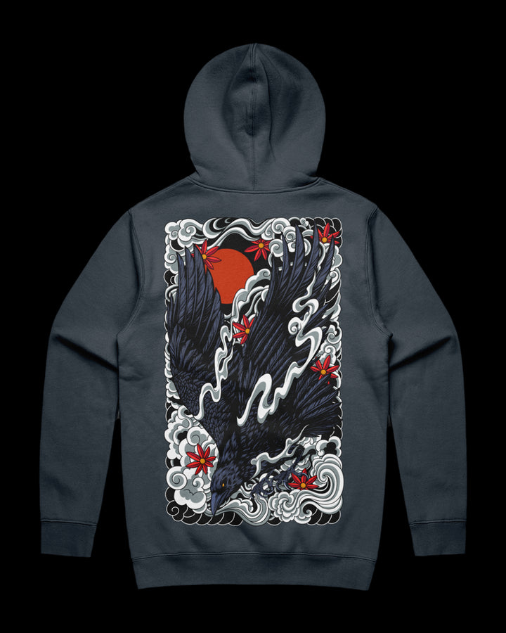 Petrol Blue hoodie with a detailed irezumi raven graphic design print on the back.