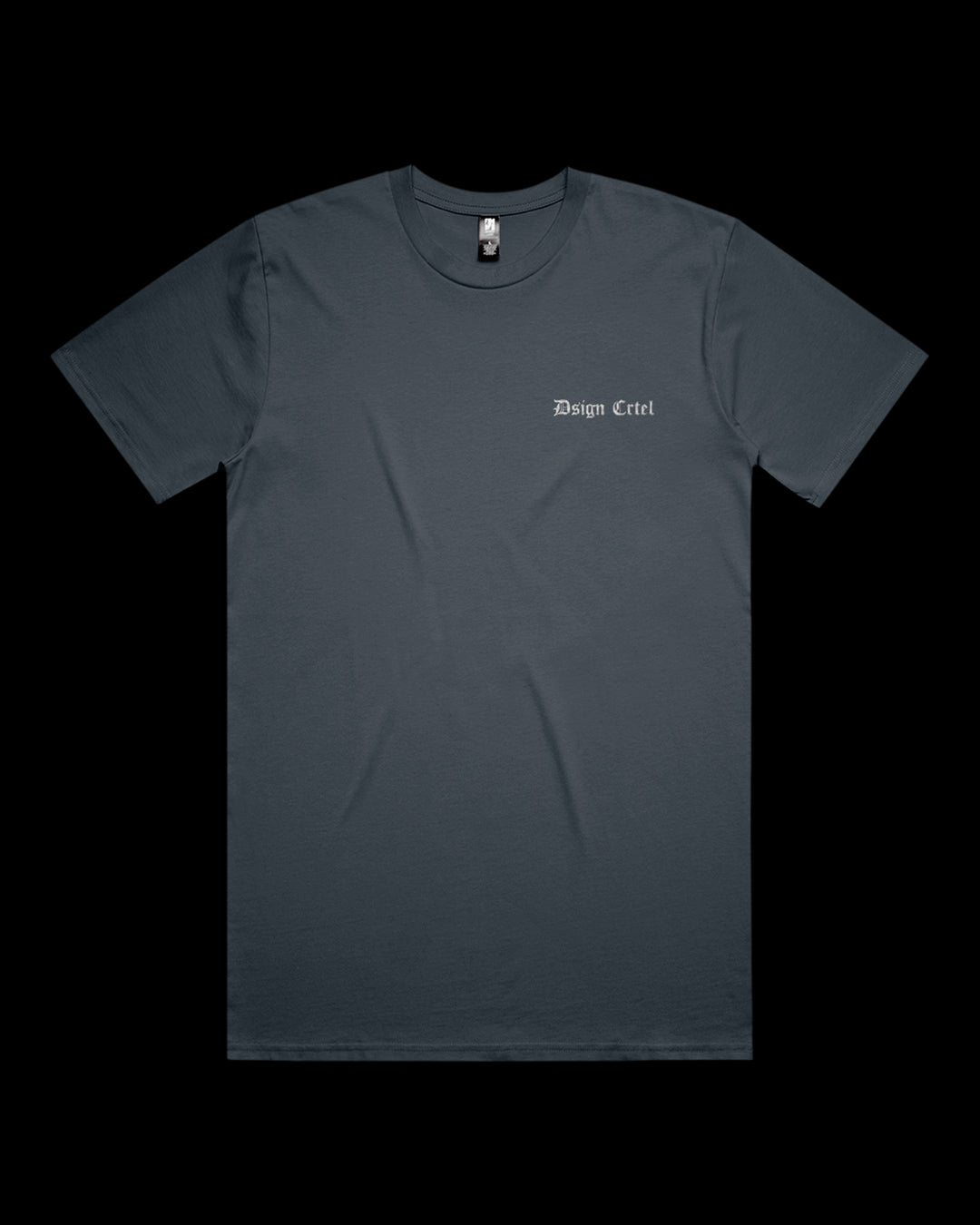 petrol blue t-shirt with a small white logo on a black background