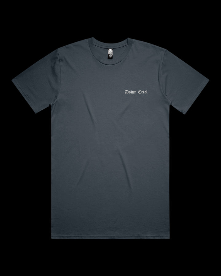 petrol blue t-shirt with a small white logo on a black background