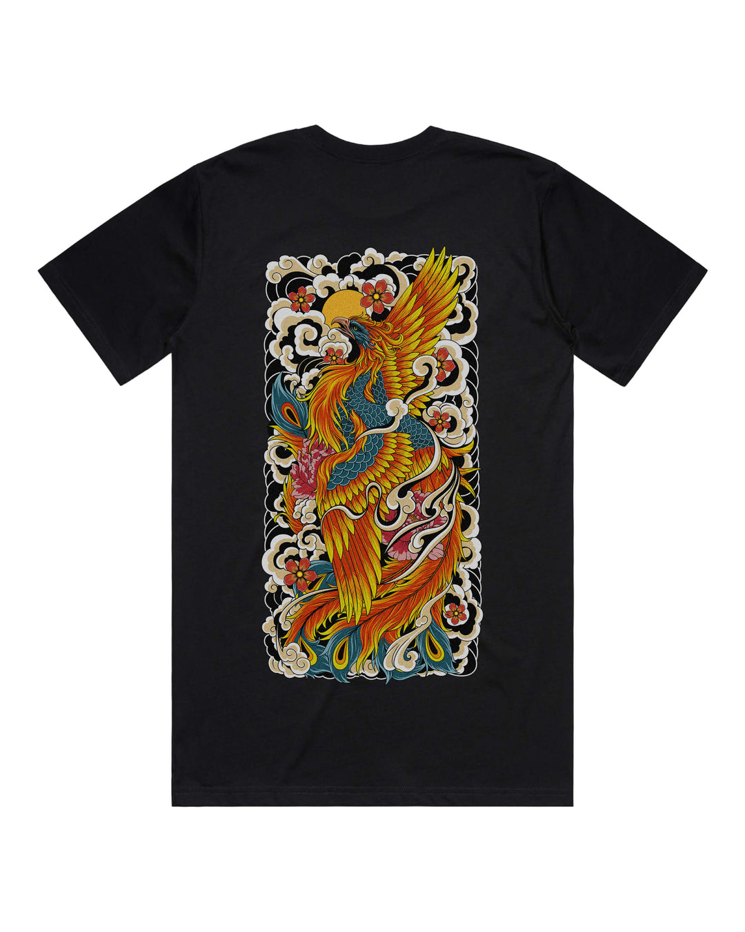 Black graphic t-shirt with burning irezumi rising phoenix