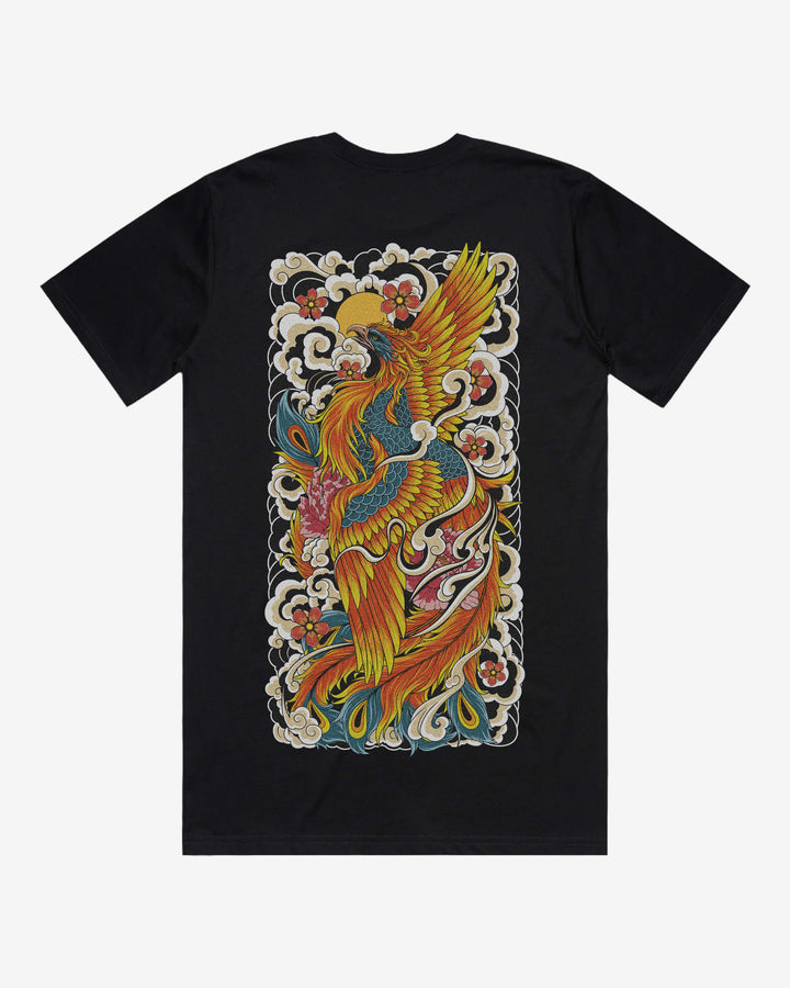 Rising Phoenix Relaxed Fit Graphic Tee With Large Japanese Tattoo Inspired Back Print