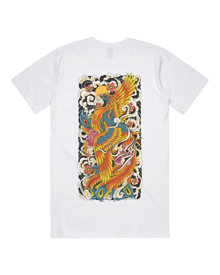 White graphic t-shirt with burning irezumi rising phoenix
