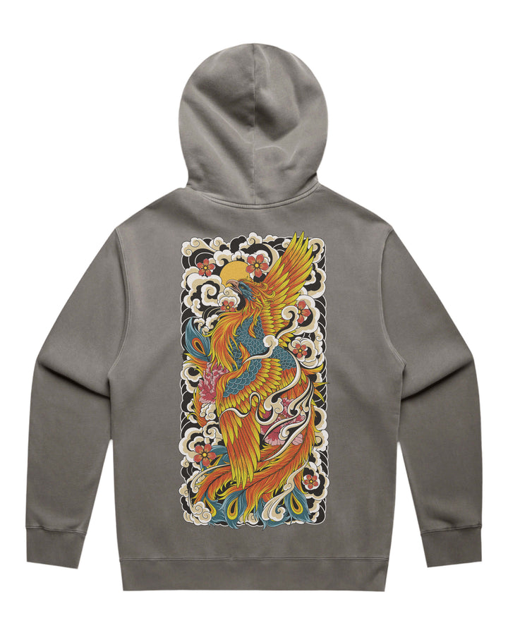 A faded gray pullover hoodie shown from the back, featuring a large, detailed graphic print of a golden phoenix with blue and orange accents surrounded by white clouds on a black background.