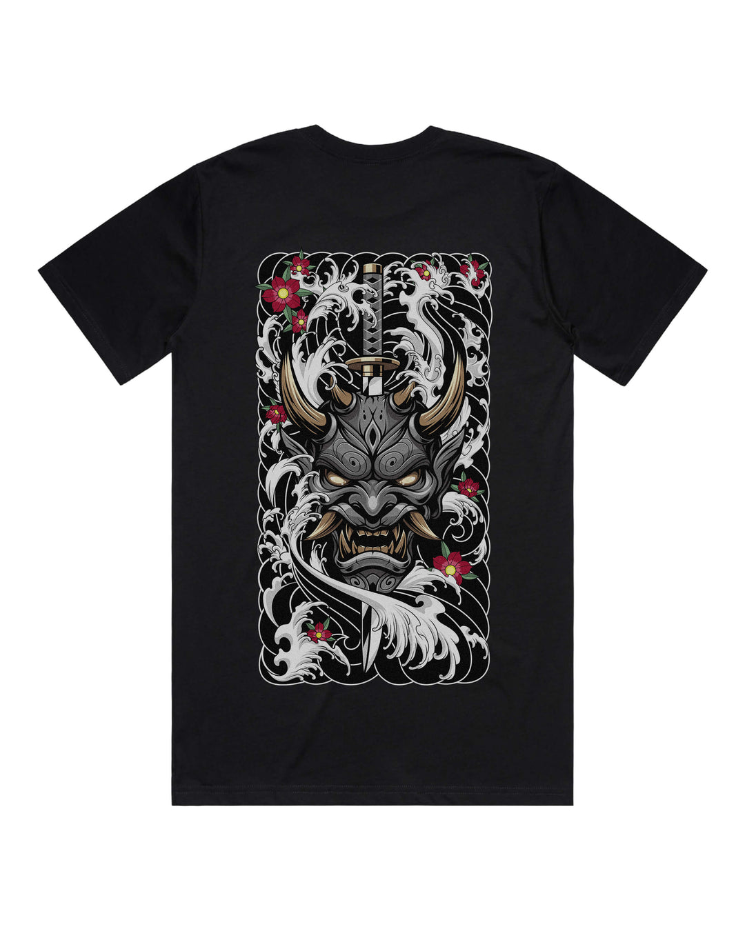 Black graphic t-shirt with large black oni mask pierced by katana back print