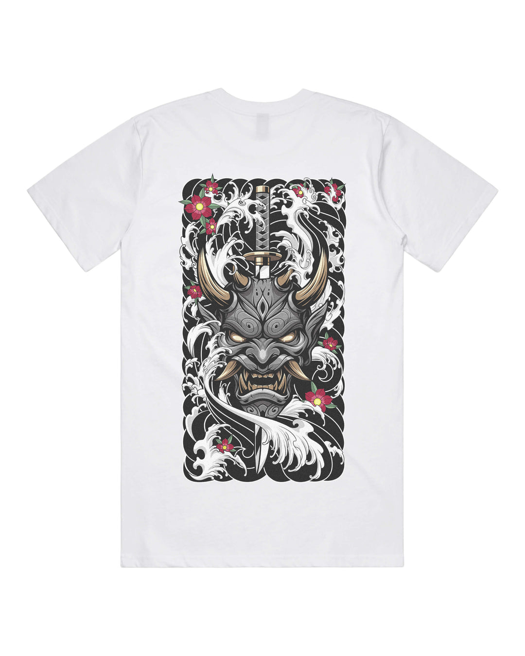 White graphic t-shirt with large black oni mask pierced by katana back print
