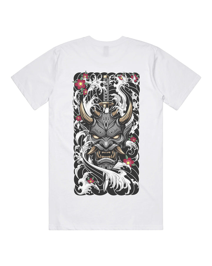 White graphic t-shirt with large black oni mask pierced by katana back print