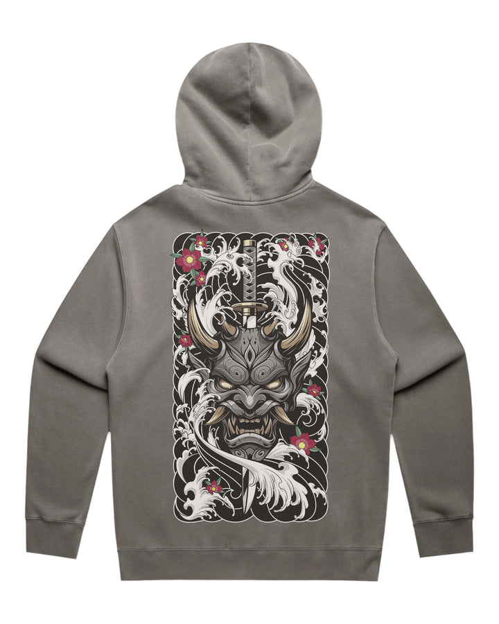 A faded gray pullover hoodie shown from the back, featuring a large rectangular graphic print of a Japanese-style horned demon oni surrounded by white waves and red flowers.