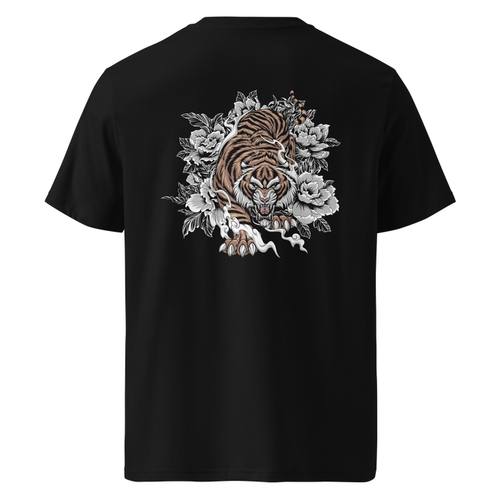 Prowling Hunter Black T-Shirt featuring a bold back print of a prowling tiger surrounded by Japanese-style blossoms and swirling smoke, inspired by Irezumi tattoo art.