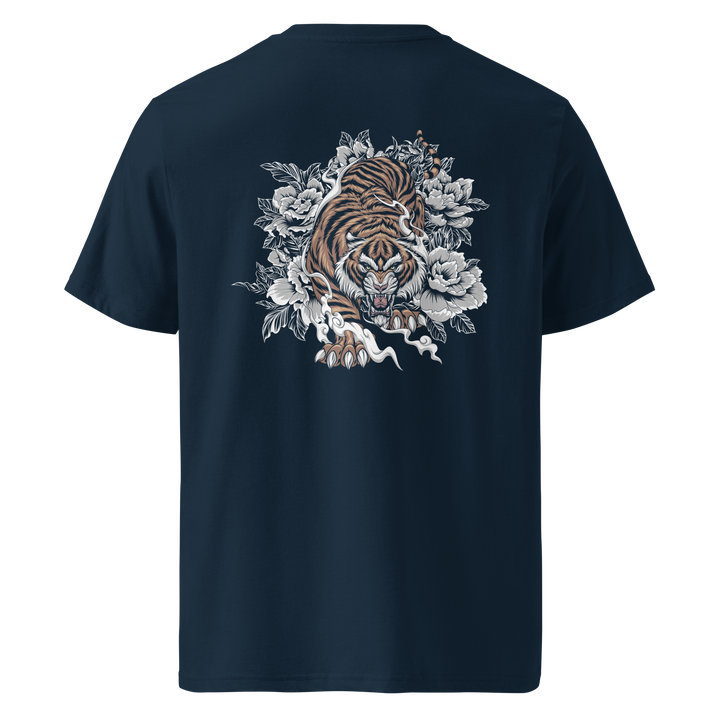 Prowling Hunter French Navy T-Shirt featuring a bold back print of a prowling tiger surrounded by Japanese-style blossoms and swirling smoke, inspired by Irezumi tattoo art.