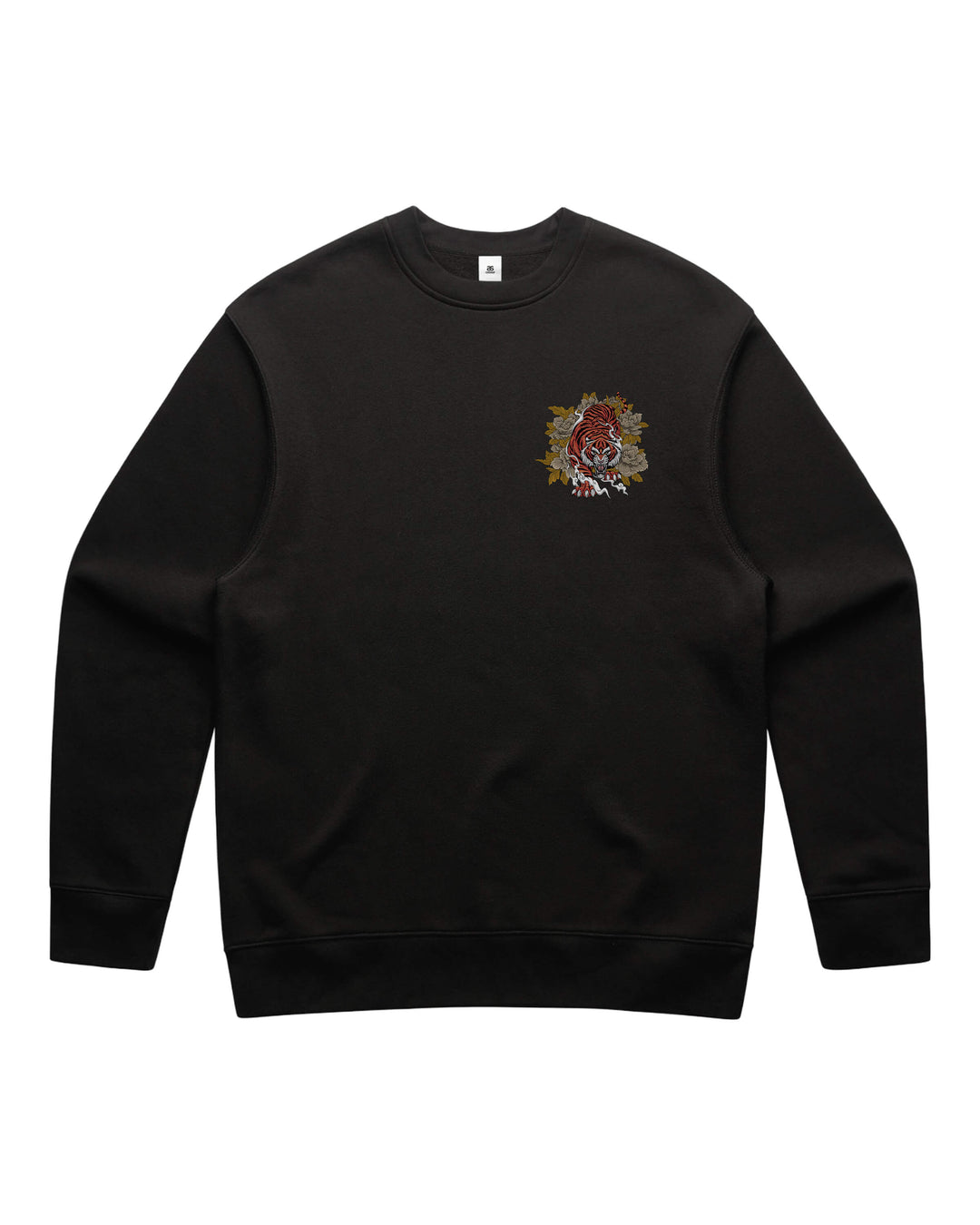 Black crewneck sweatshirt with prowling tiger left chest print