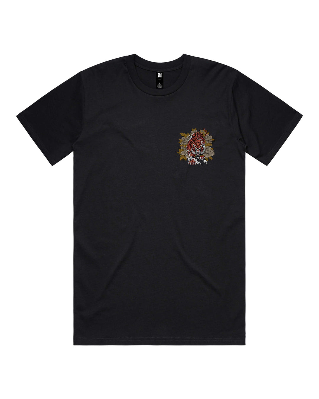 Graphic black t-shirt with a tiger prowling through foliage left chest print.