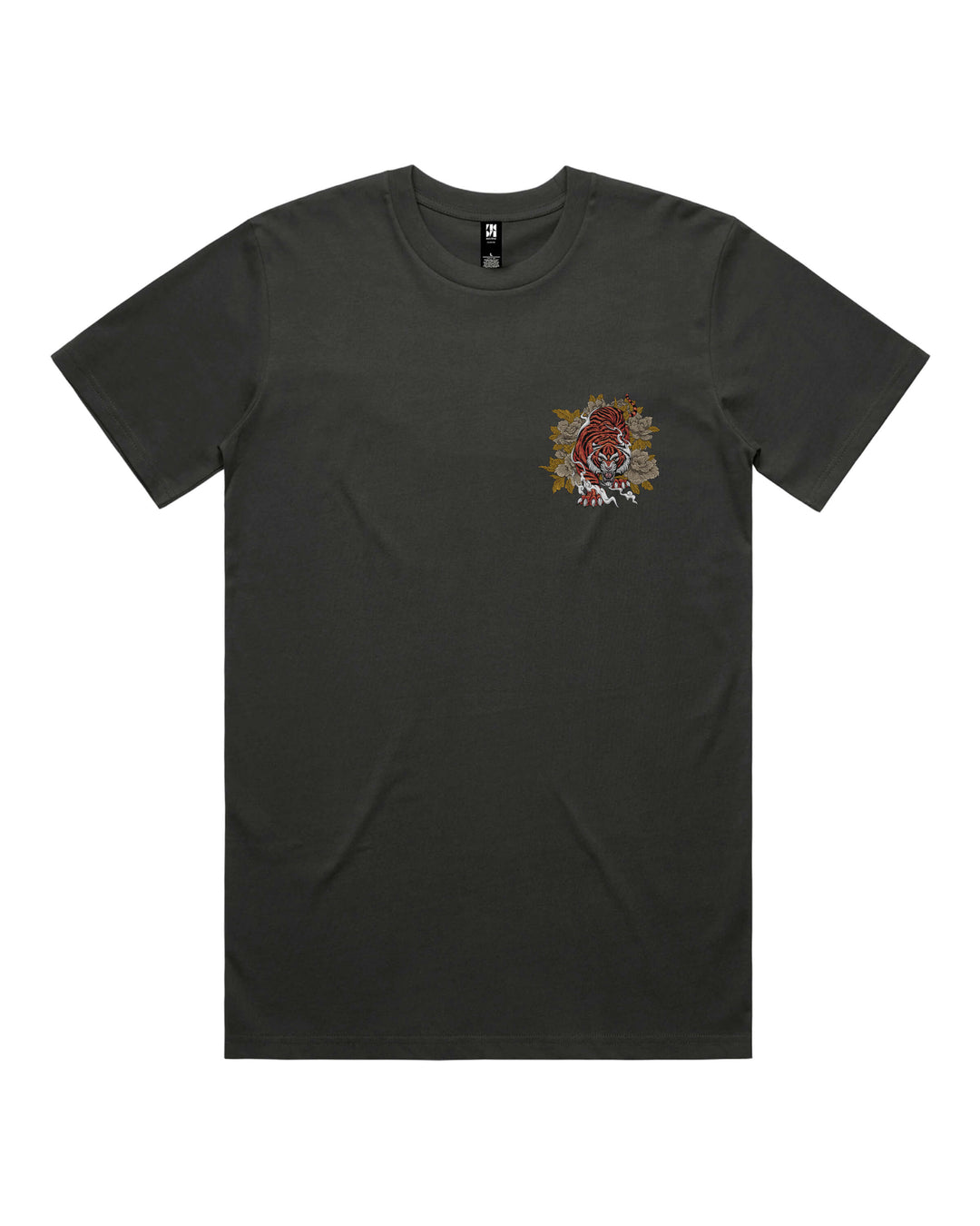 Graphic coal t-shirt with a tiger prowling through foliage left chest print.