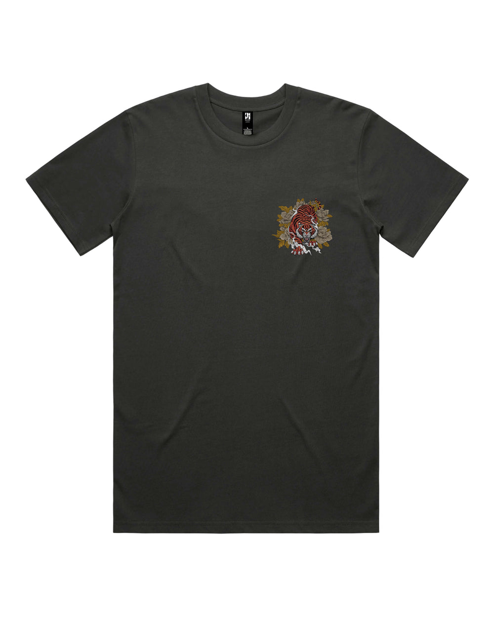 Front view of coal regular-fit T-shirt showing Prowling Tiger left-chest print