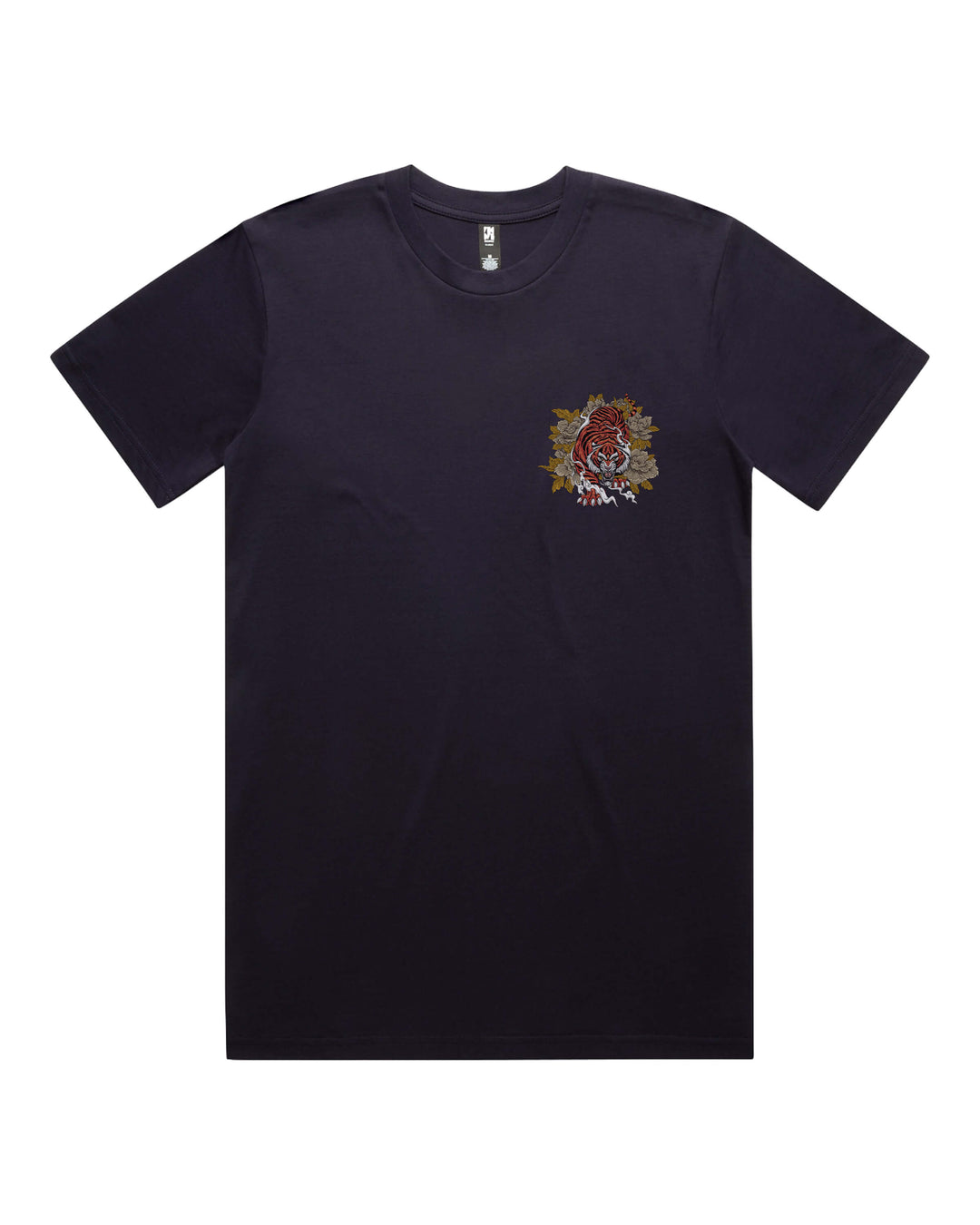 Graphic ink blue t-shirt with a tiger prowling through foliage left chest print.