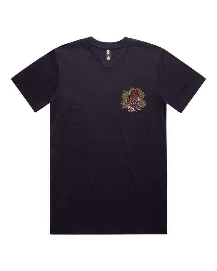Front view of ink blue regular-fit T-shirt showing Prowling Tiger left-chest print