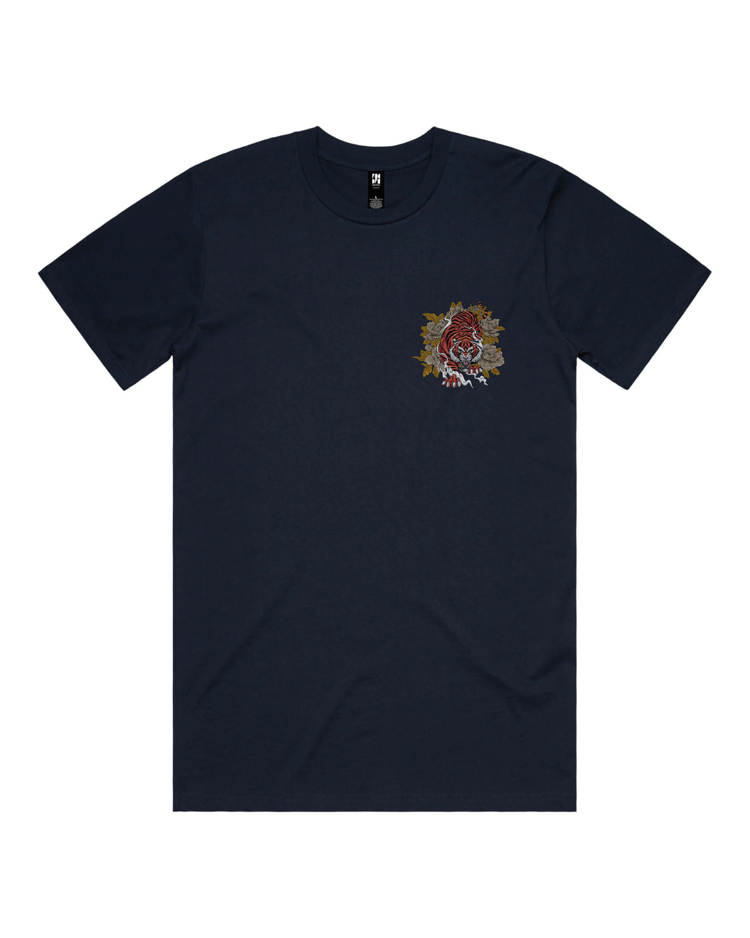 Graphic navy t-shirt with a tiger prowling through foliage left chest print.