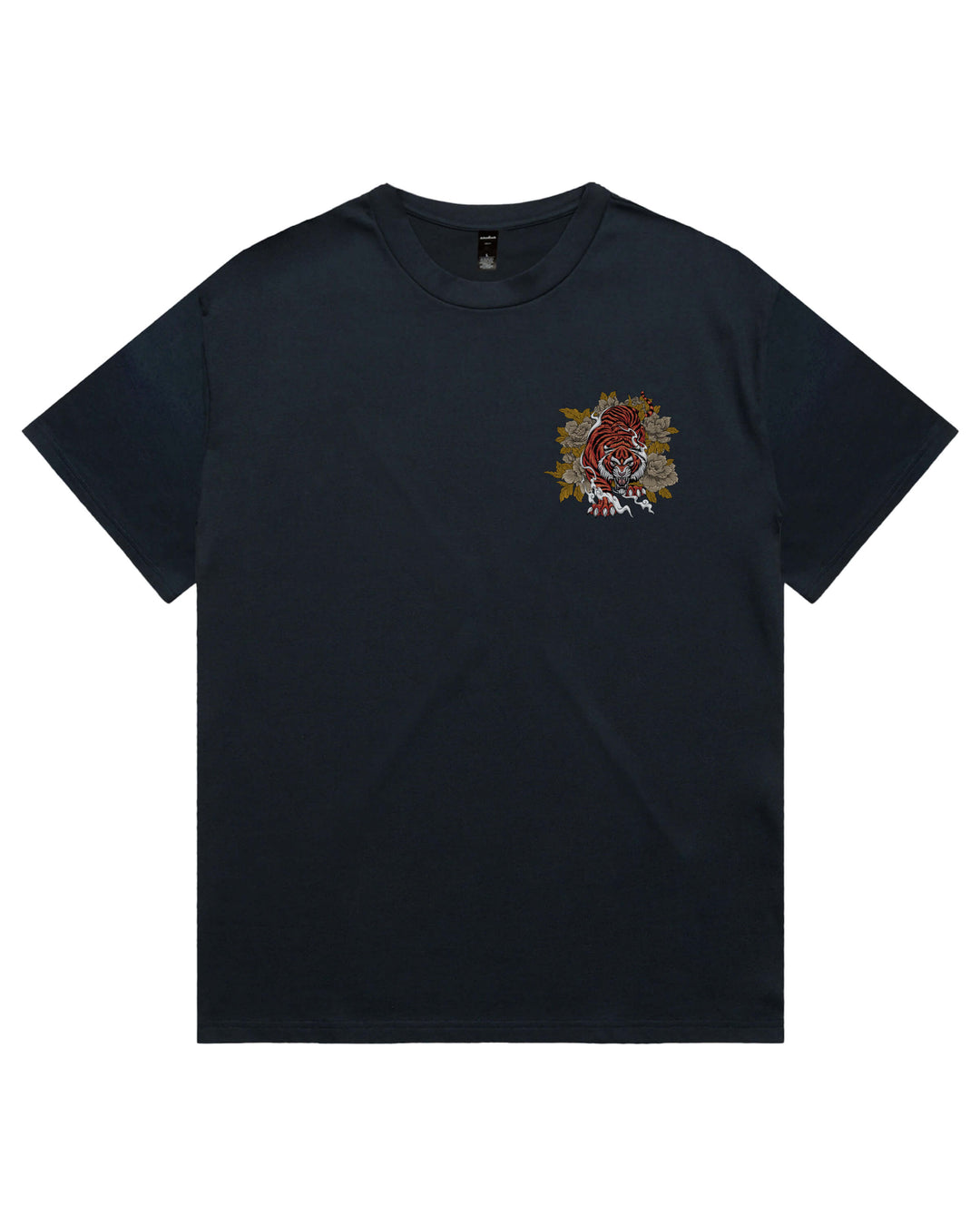 Oversized navy t-shirt with left chest prowling tiger graphic print