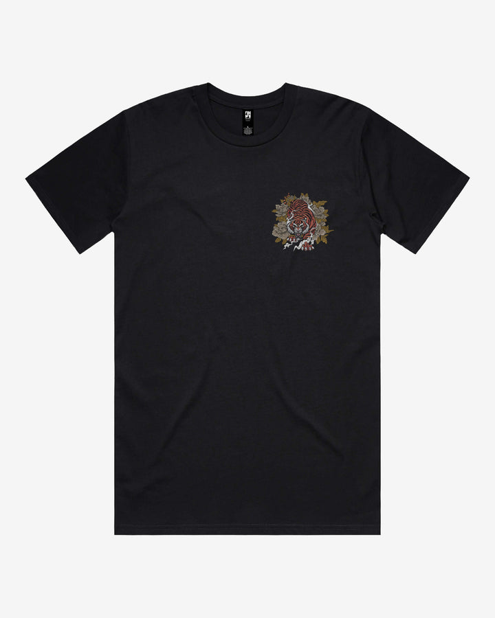 Prowling Tiger Relaxed Fit Graphic Tee With Left Chest Japanese Tattoo Inspired Print