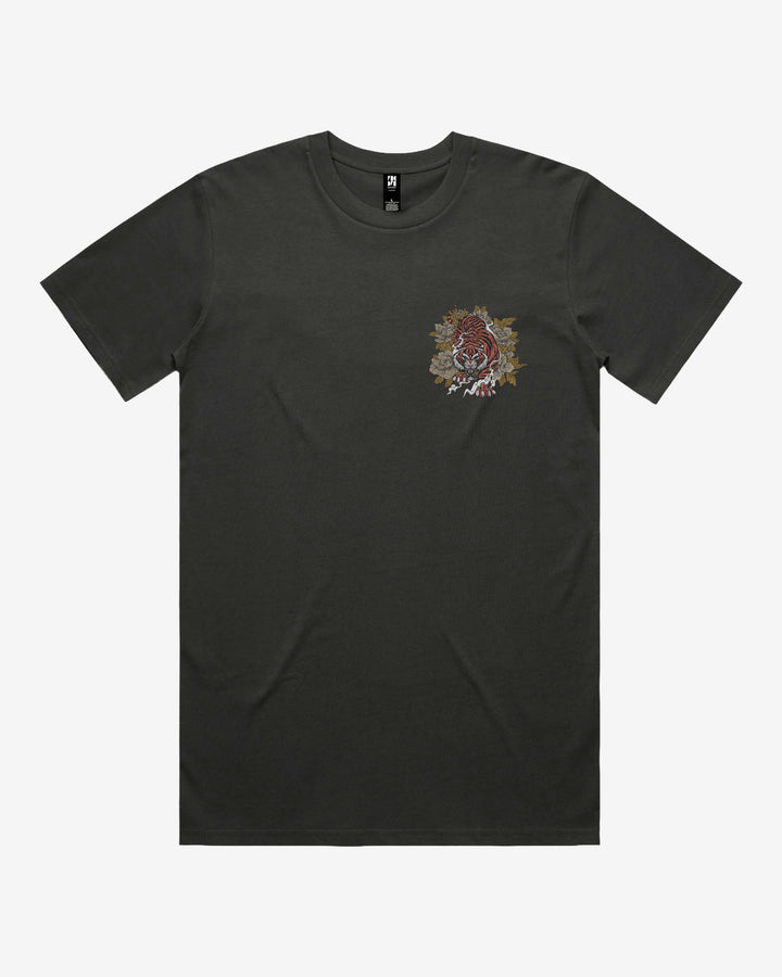 Prowling Tiger Relaxed Fit Graphic Tee With Left Chest Japanese Tattoo Inspired Print